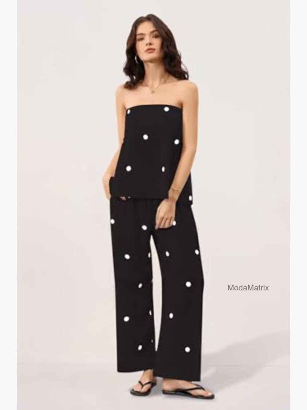 Strapless Tube Top Wide Leg Pants Set Polka Dot Casual Lounge - Picture 3 of 6